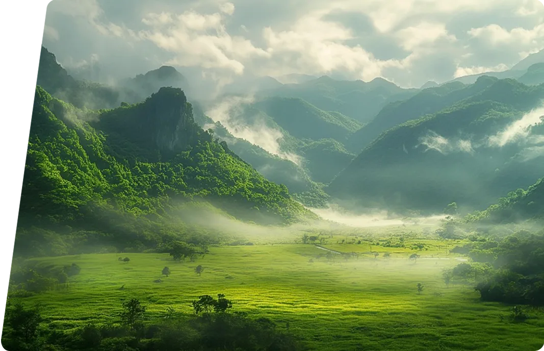 Scenic green mountain landscape symbolizing environmental protection