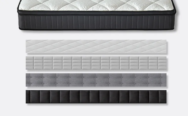 Custom hybrid mattress side panel designs with quilted border styles in various colors and stitching patterns