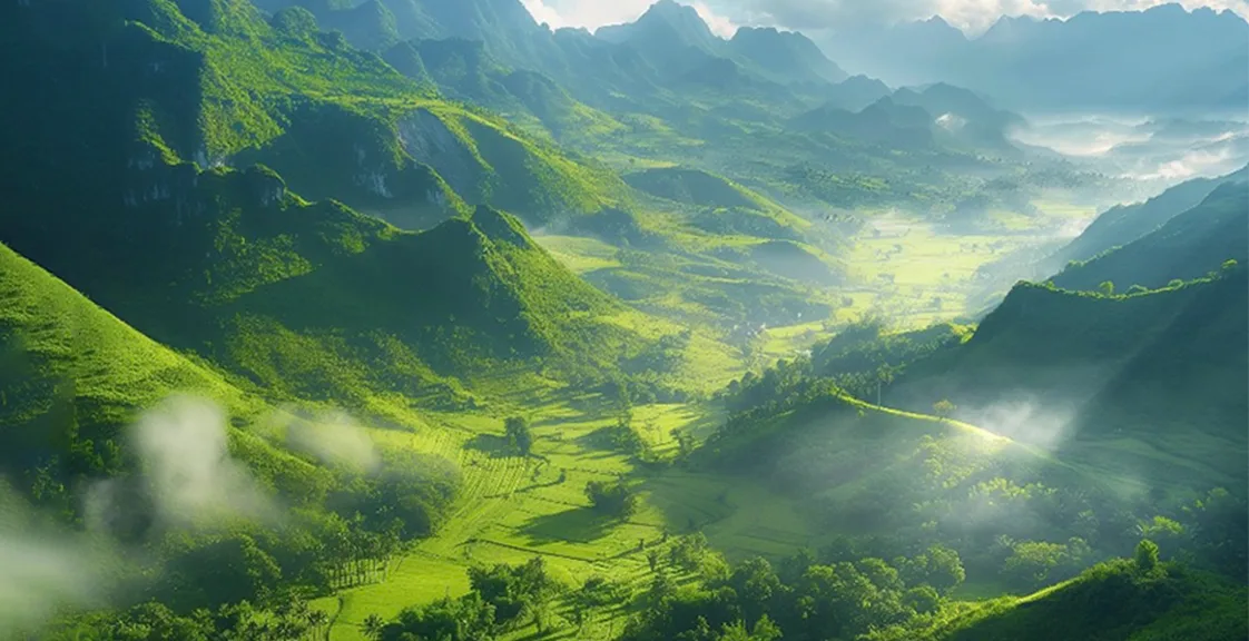 Green grasslands and mountains represent environmental protection