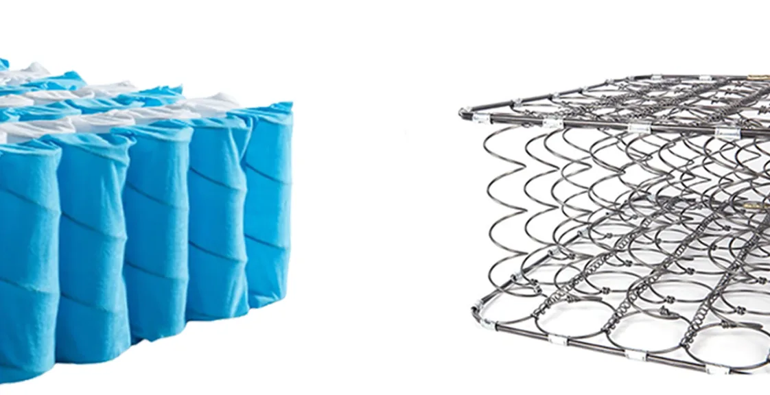 Comparison of pocket springs and Bonnell spring units used in hybrid mattresses, showing individual pocket coils versus connected coil structure