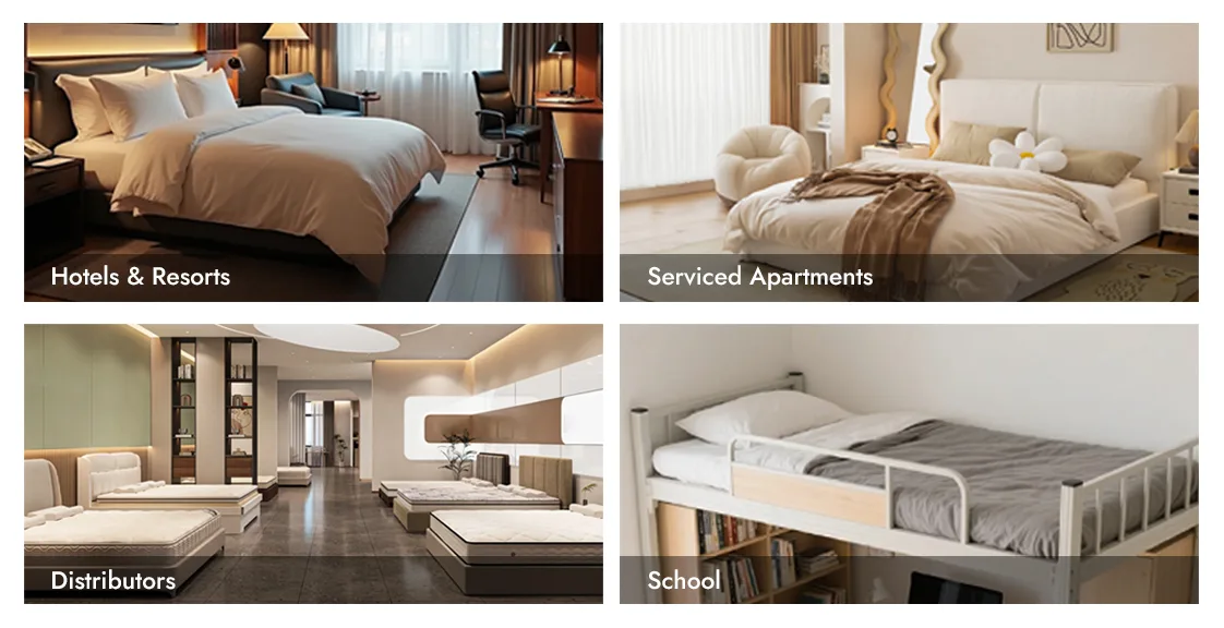 Collage showing latex hybrid mattress applications in hotels and resorts, serviced apartments, distributors, and school dormitories