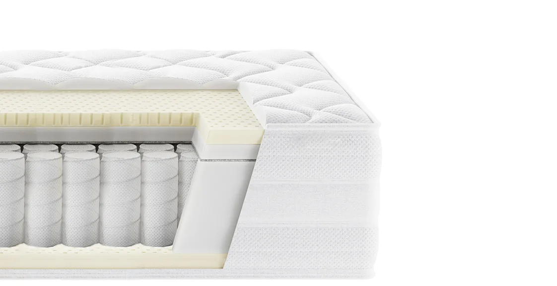 Front cutaway view of pocket spring mattress structure with comfort foam, fabric layers, and pocket coil core for ergonomic support
