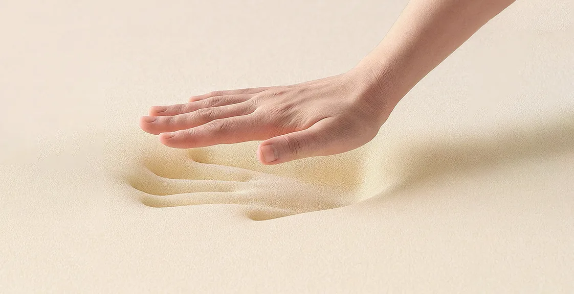 A hand pressing into memory foam, leaving a clear handprint that shows the foam’s slow rebound effect