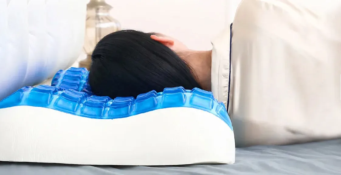 Person side sleeping on gel memory foam pillow