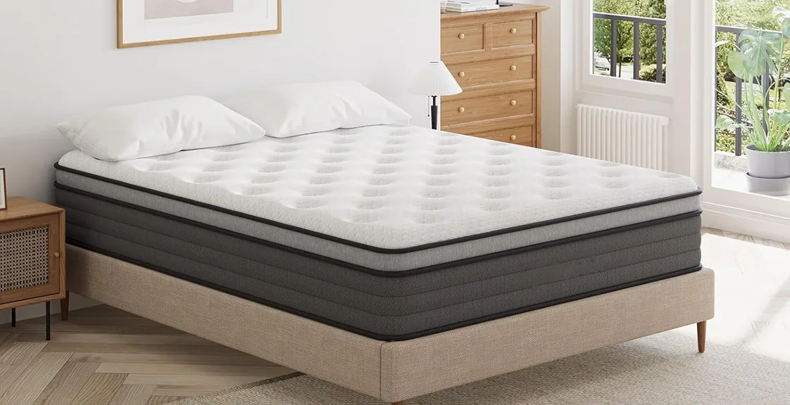 What are the benefits of a hybrid mattress article cover with white mattress in the bedroom