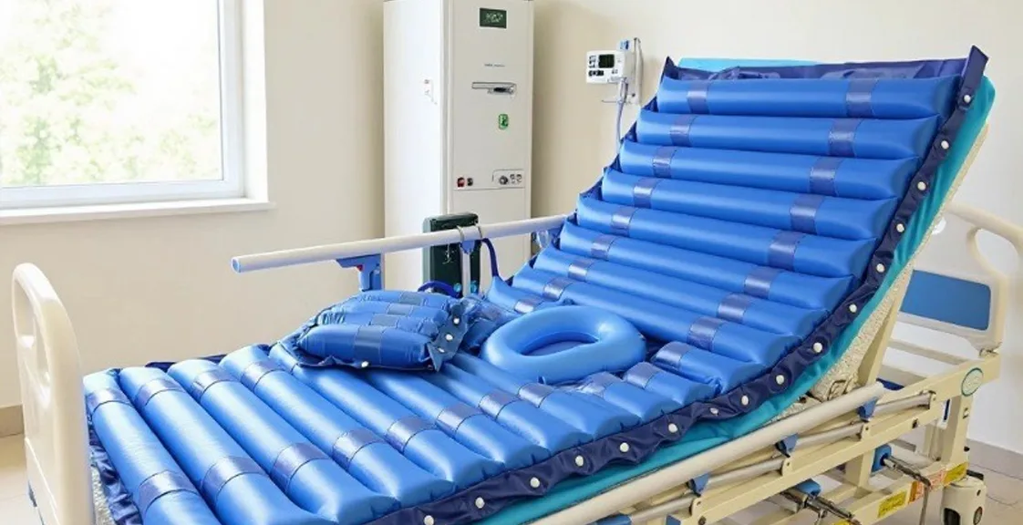 Anti-decubitus air mattress on a hospital bed designed to reduce pressure sores and improve comfort
