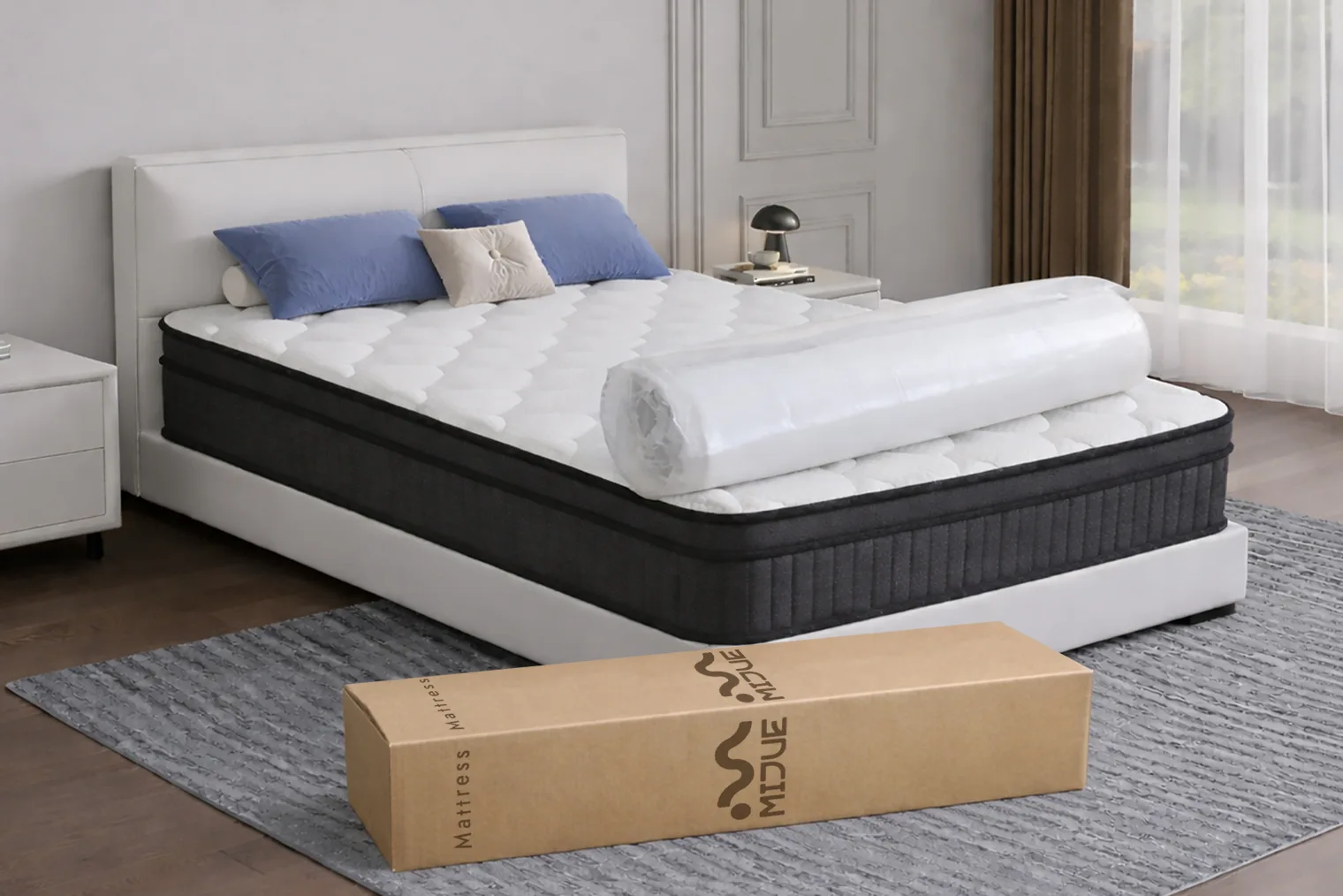 Roll-up mattress in a box unpacked on bed for home delivery