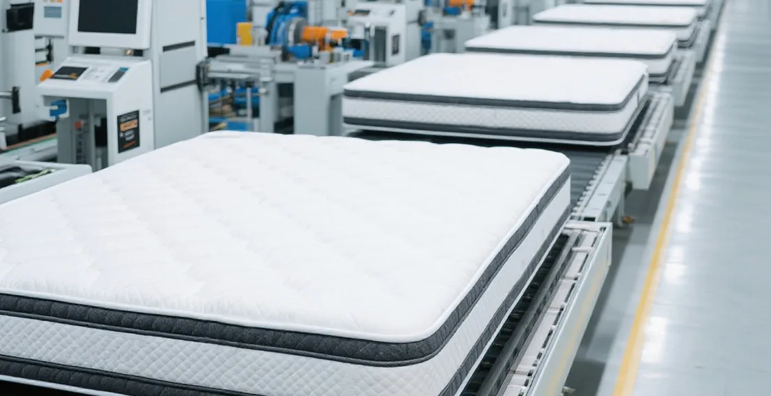 Finished mattresses on factory production line