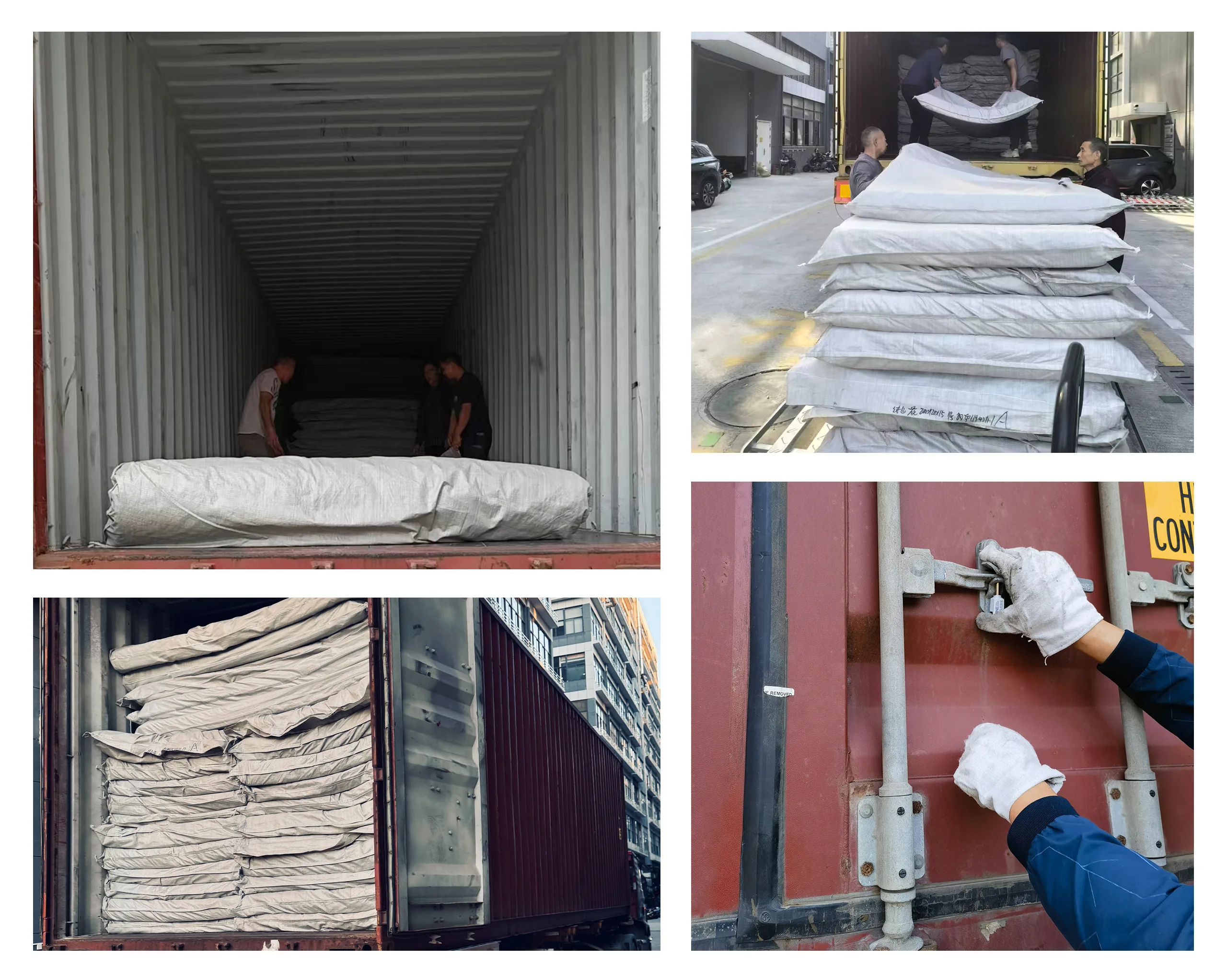 Step-by-step spring mattress loading into shipping container and final sealing (4 images)