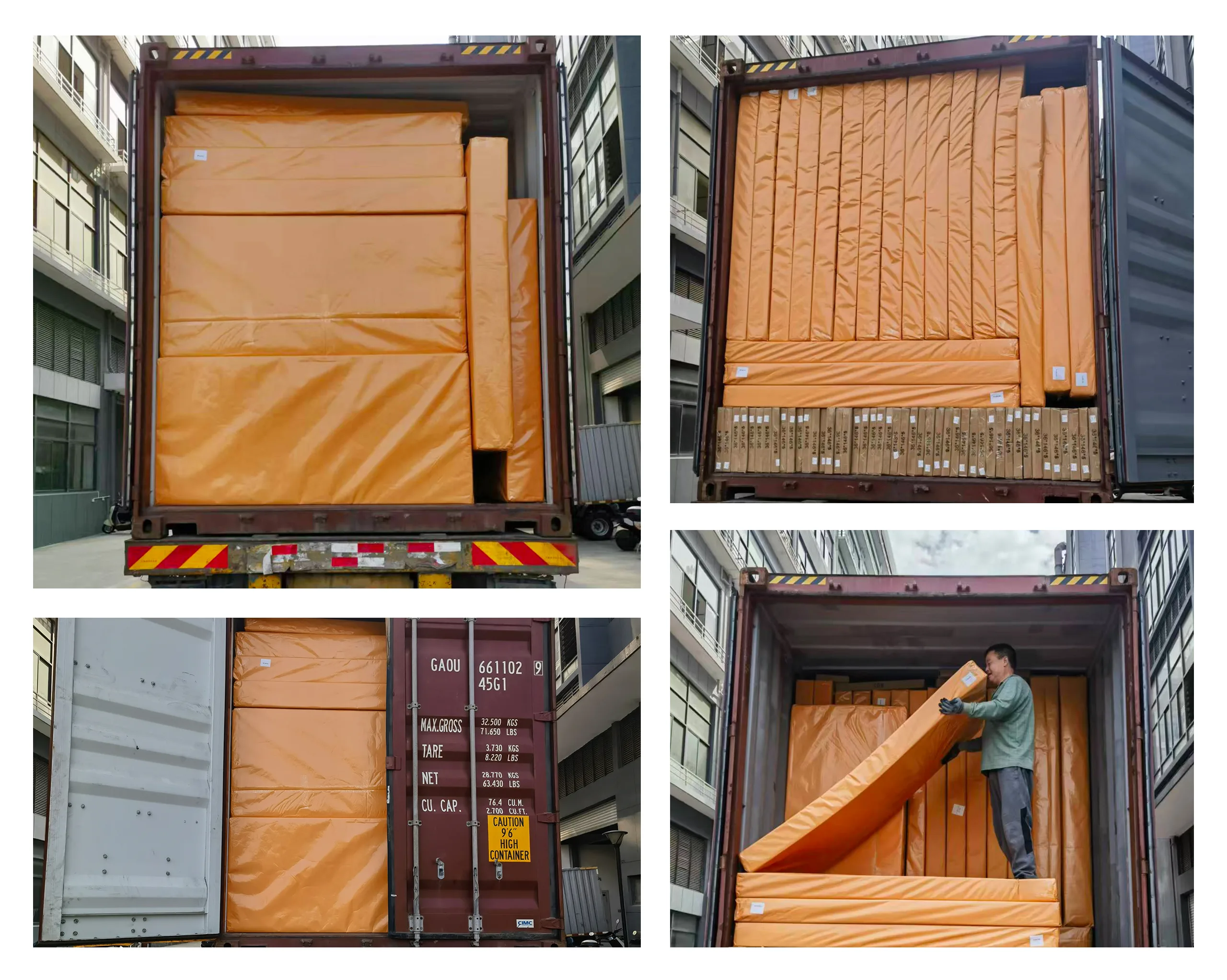Bulk spring mattresses loading into container for export shown in 4-grid images