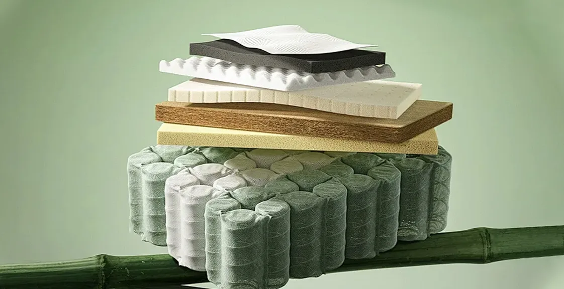 Layers of eco-friendly mattress materials including foam and springs.