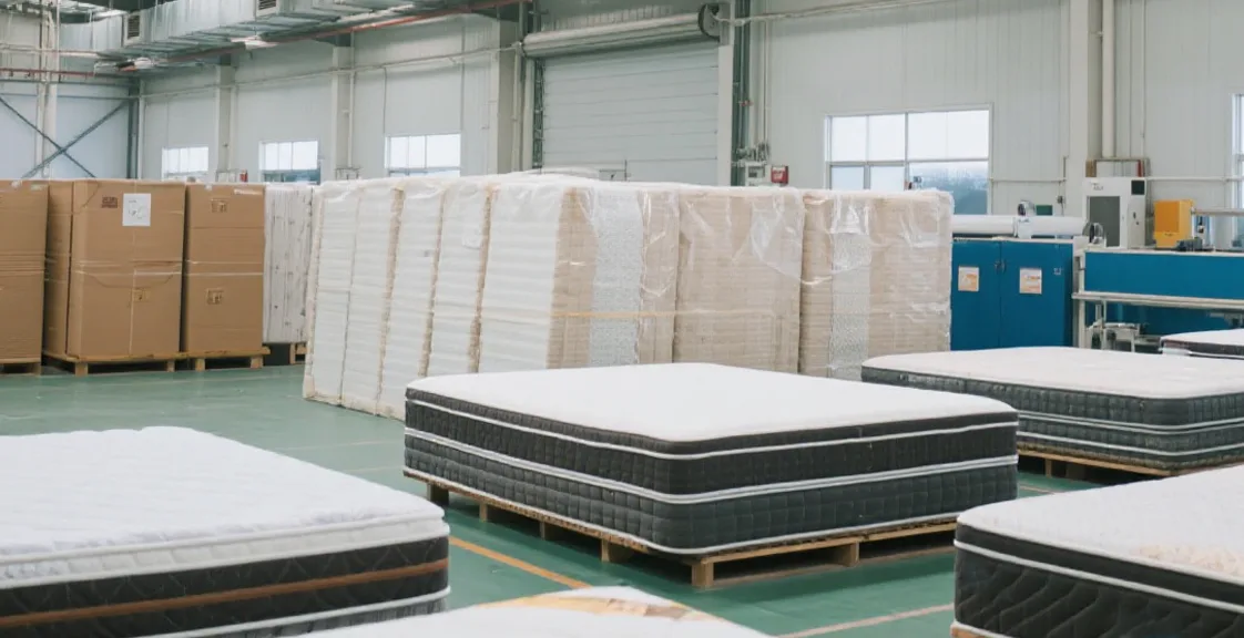 Mattresses in a factory warehouse ready for packaging.