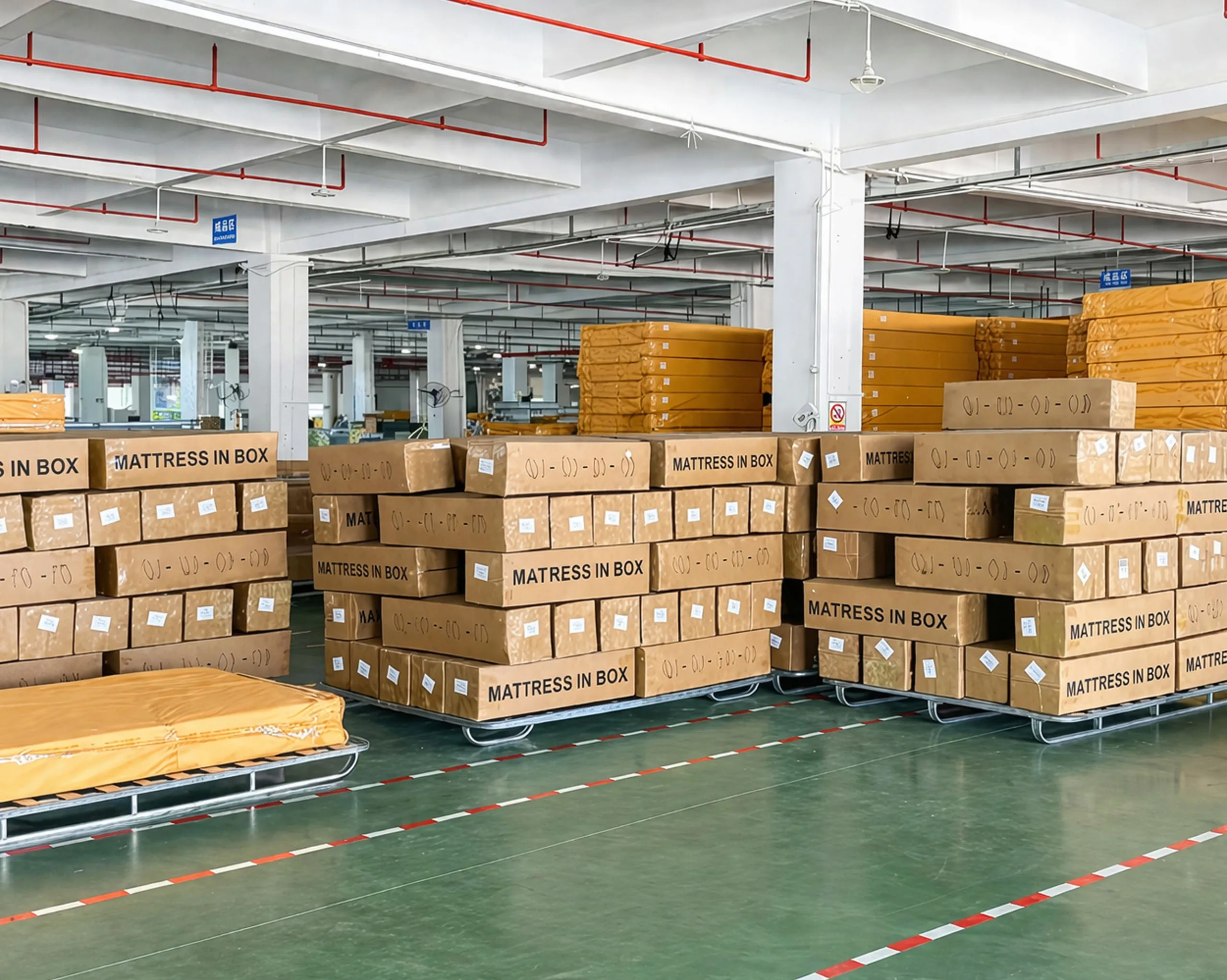 Packed mattresses in cartons neatly arranged and ready for shipment, showcasing efficient packaging and logistics capability